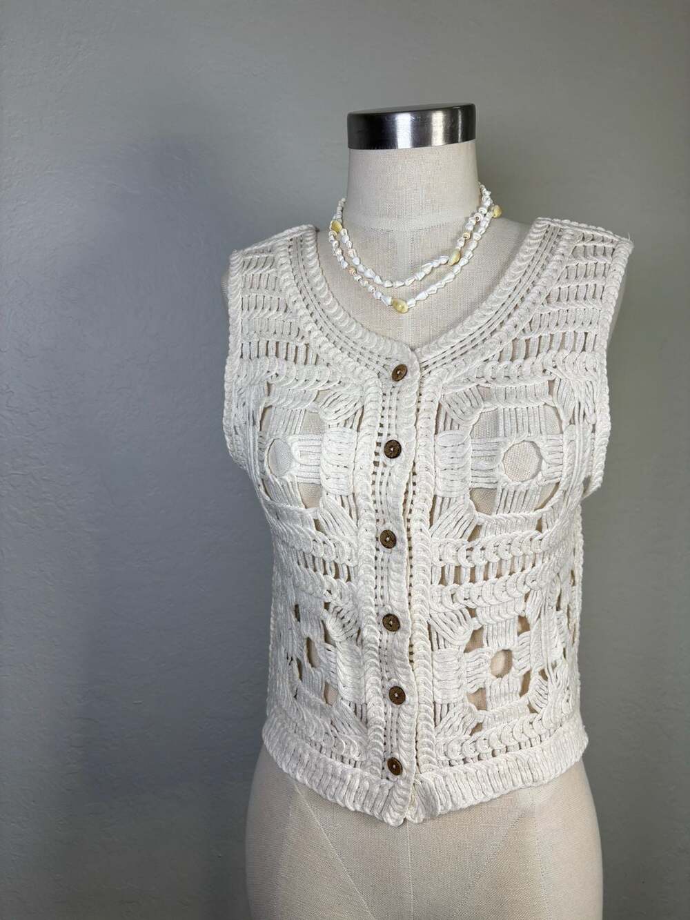 Cream Crochet Button Front Vest Open Knit Sleeveless Cardigan